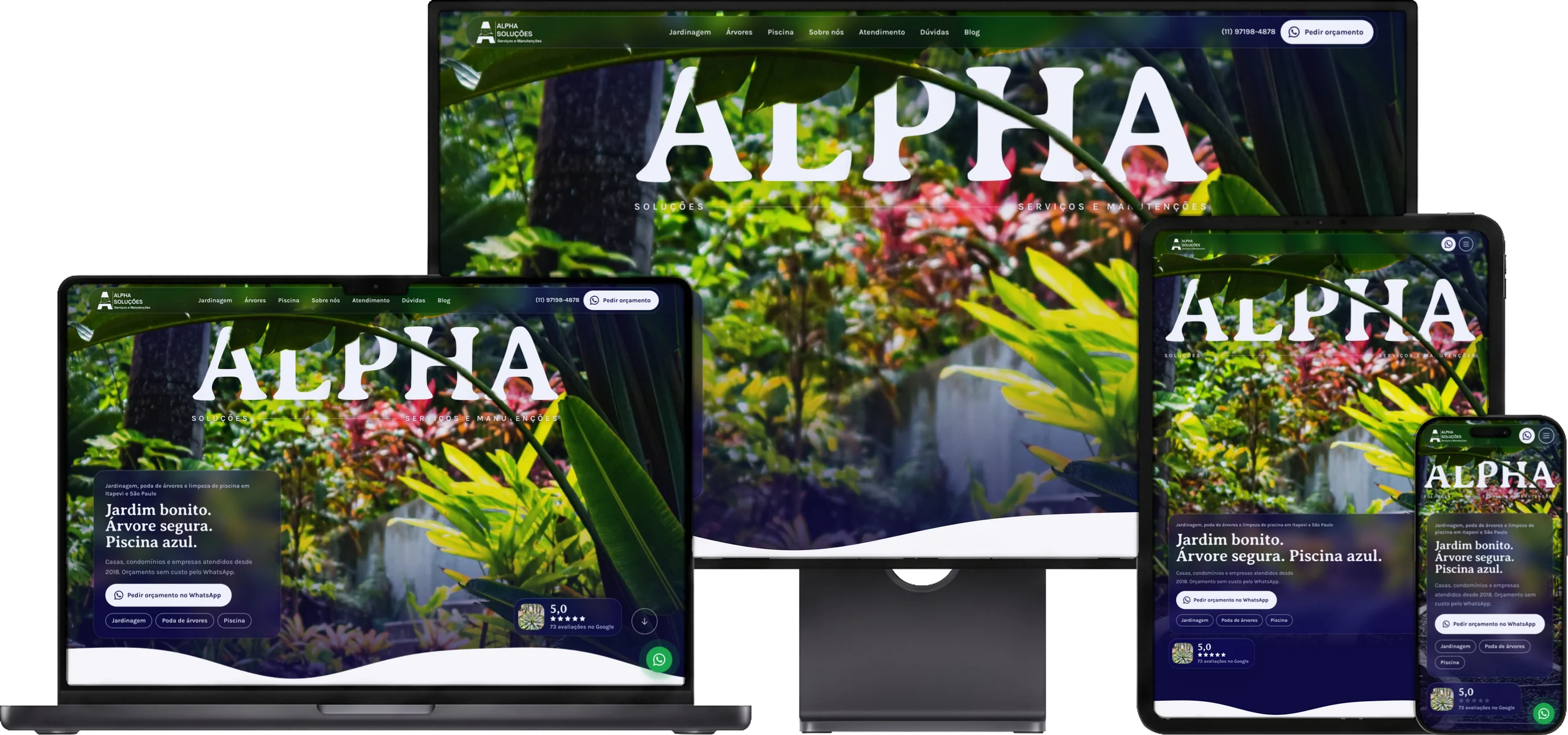 O site da Alpha Soluções aberto num monitor, num notebook, num tablet e num celular