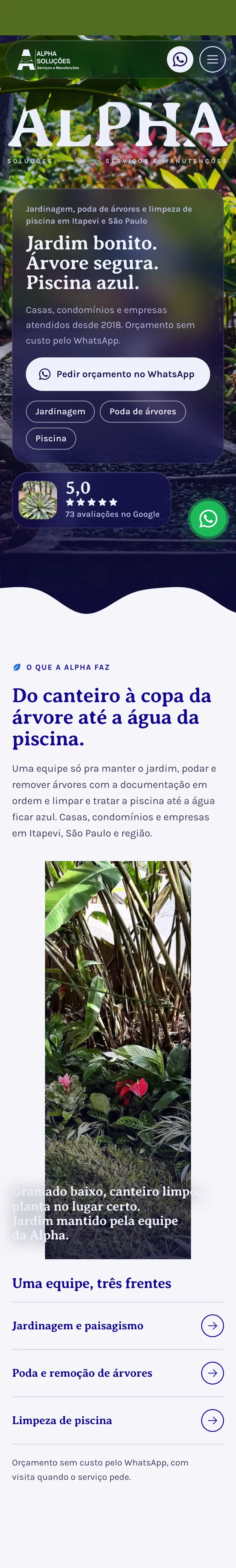 O site da Alpha Soluções no celular, do topo até o rodapé