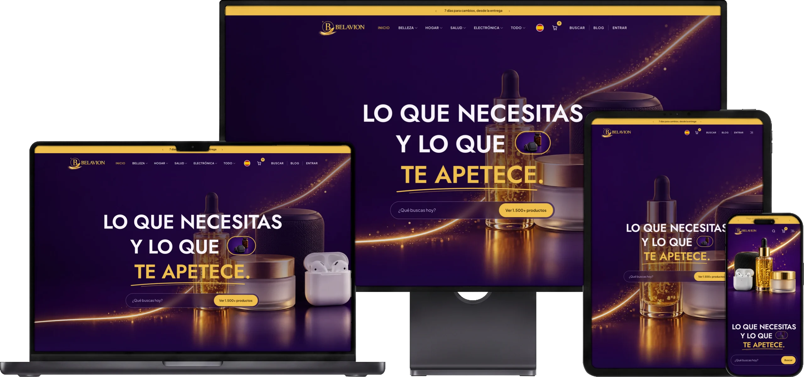 O site da Belavion aberto num monitor, num notebook, num tablet e num celular