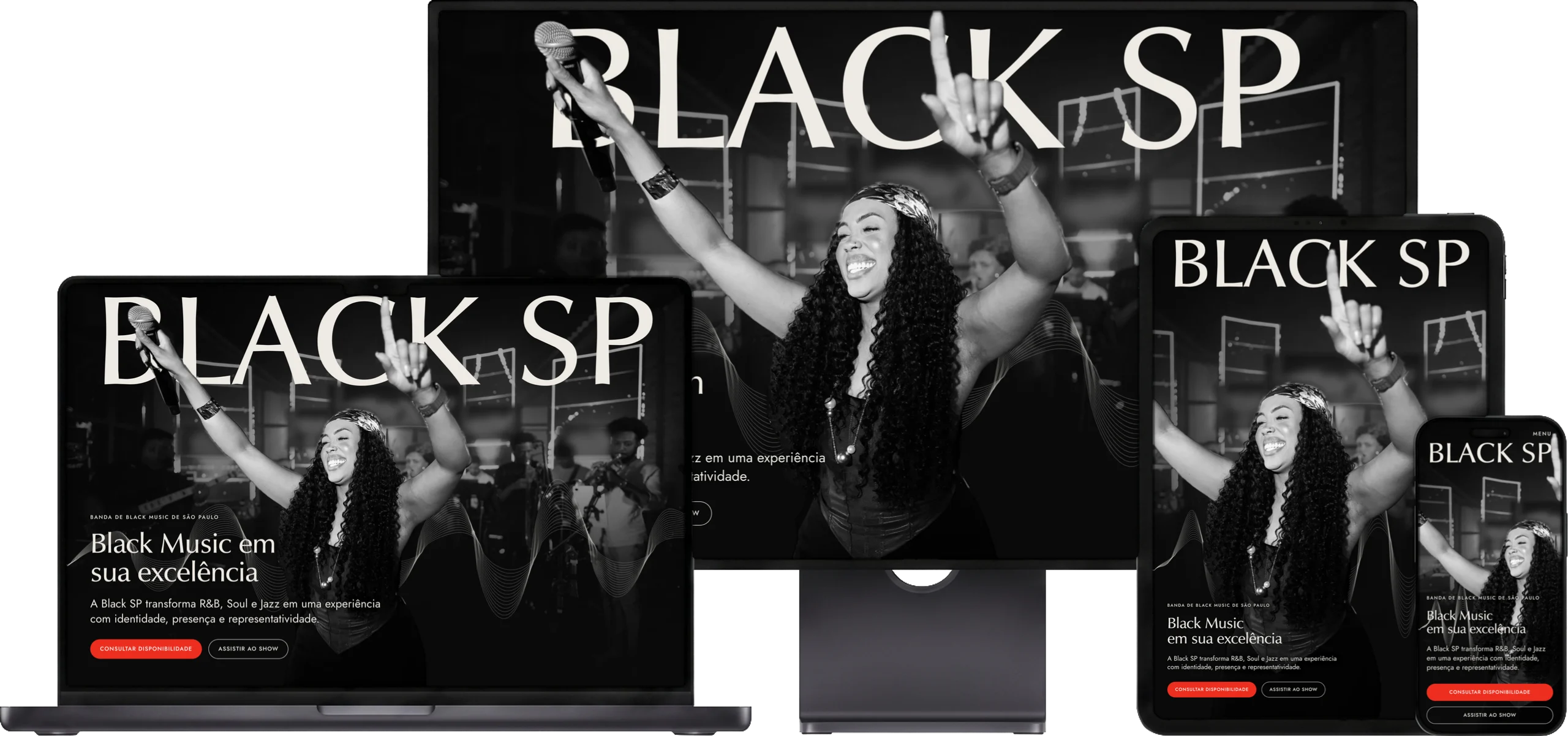 O site da Black SP aberto num monitor, num notebook, num tablet e num celular