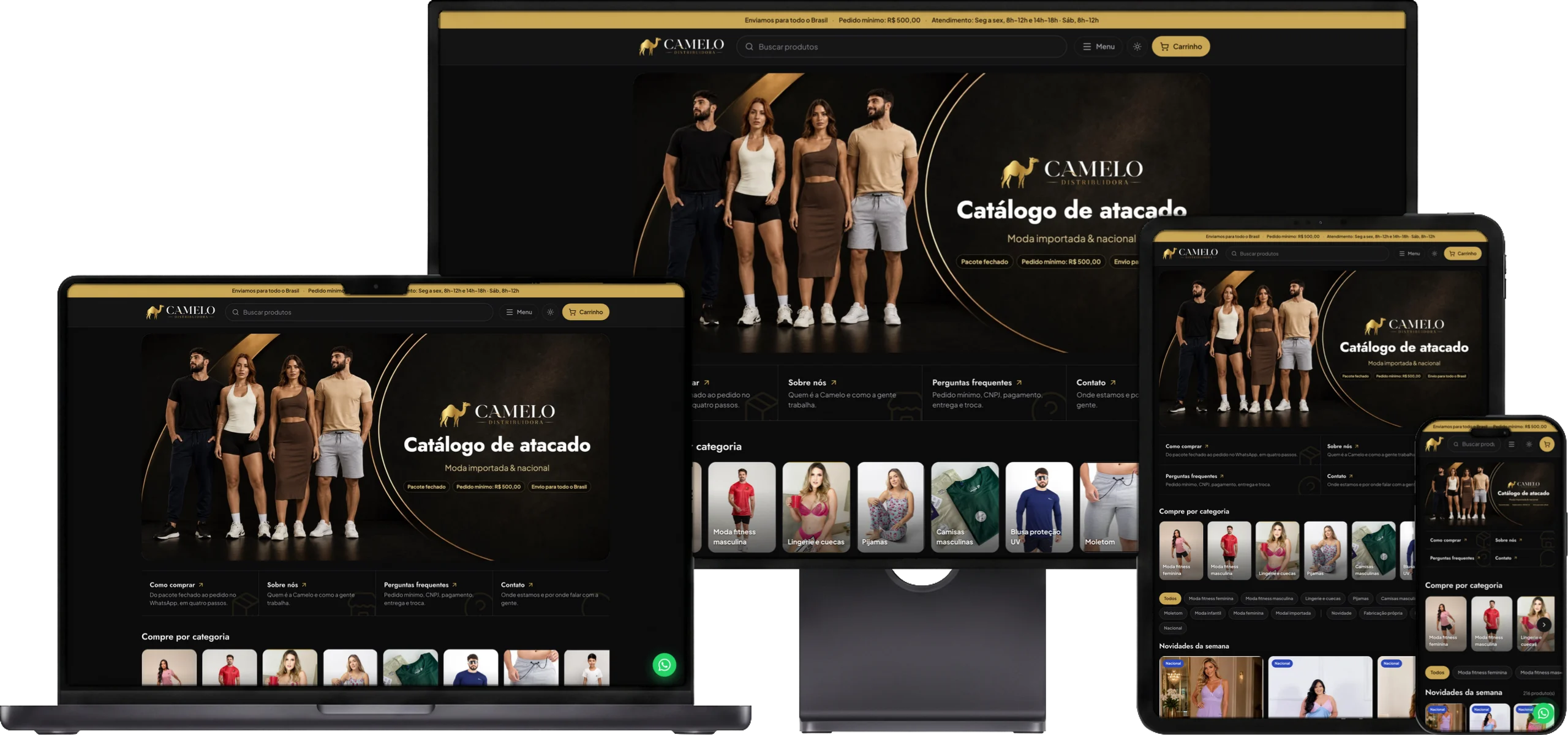 O site da Camelo Distribuidora aberto num monitor, num notebook, num tablet e num celular