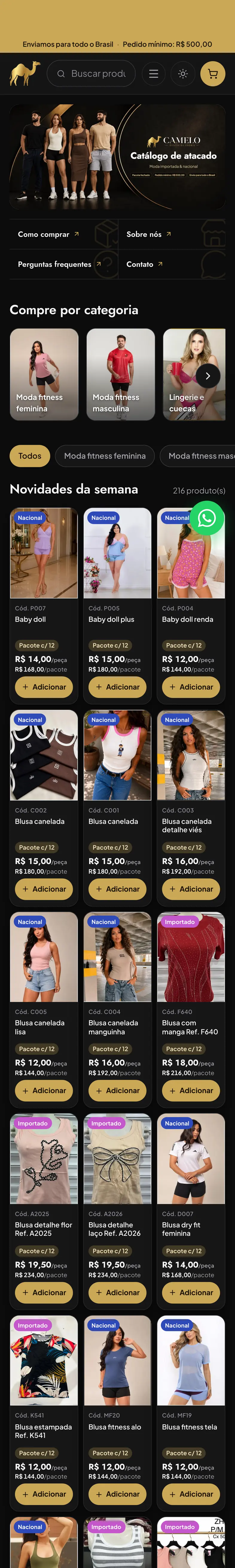 O site da Camelo Distribuidora no celular, do topo até o rodapé