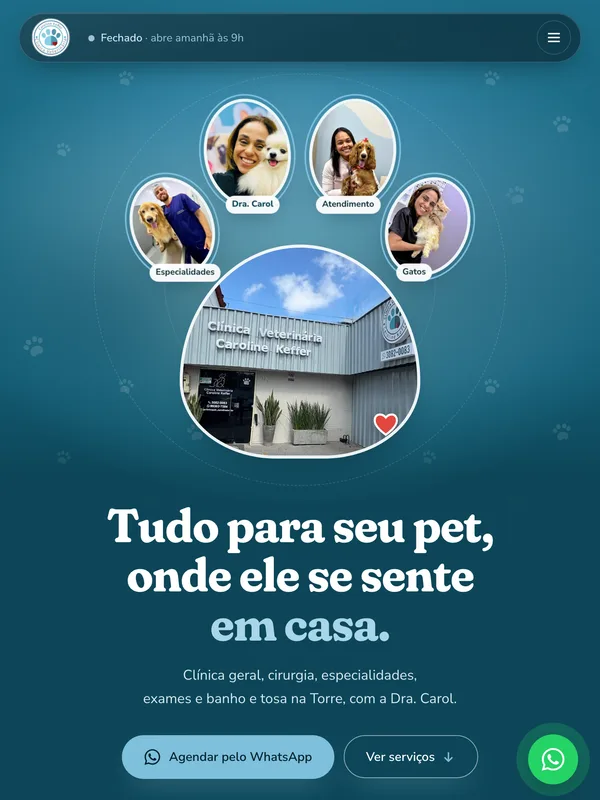 O site da Clínica Pet Caroline Keffer aberto num notebook e num celular