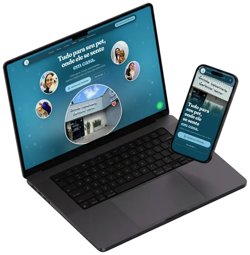 O site da Clínica Pet Caroline Keffer aberto num notebook e num celular