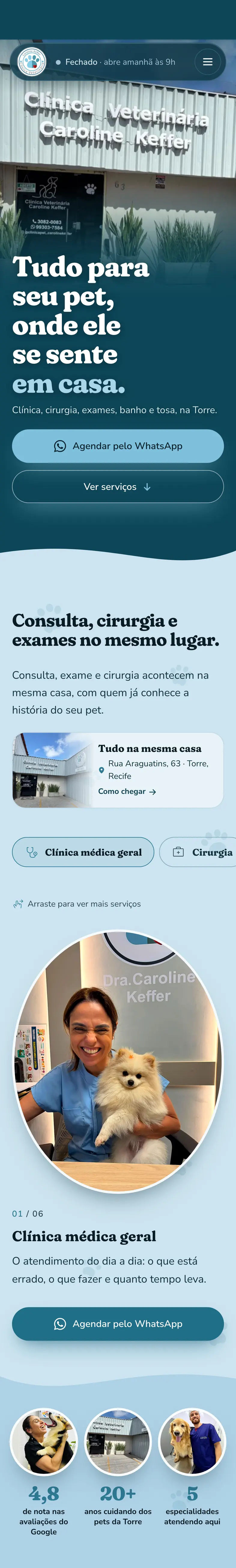 O site da Clínica Pet Caroline Keffer no celular, do topo até o rodapé