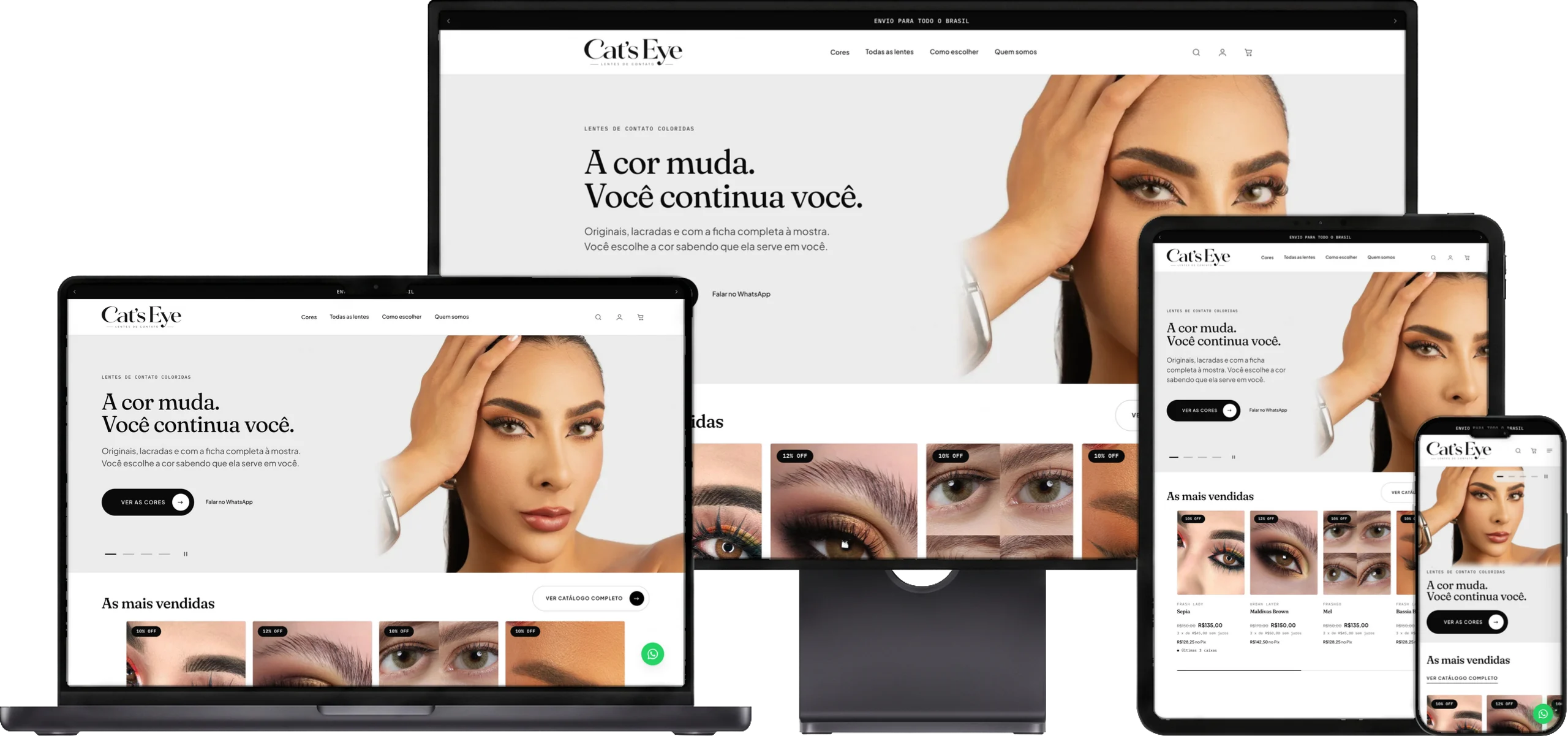 O site da Cat's Eye Lentes aberto num monitor, num notebook, num tablet e num celular