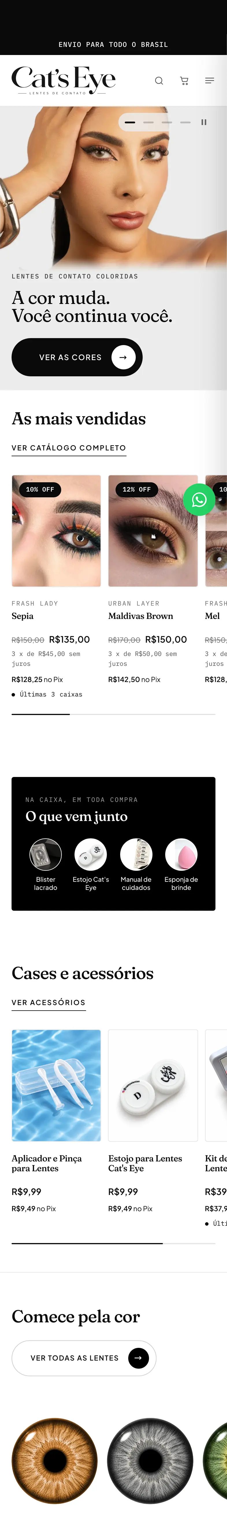 O site da Cat's Eye Lentes no celular, do topo até o rodapé