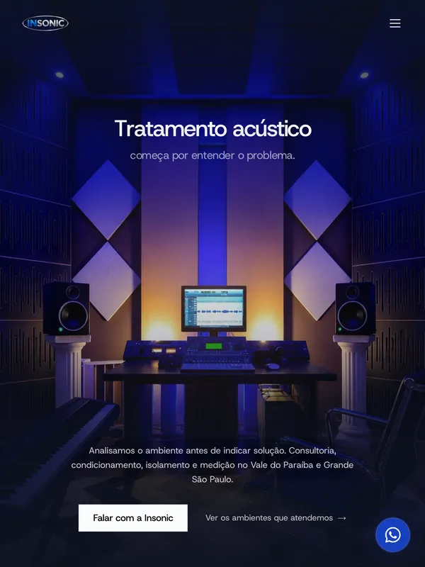 O site da Insonic Acústica aberto num notebook e num celular