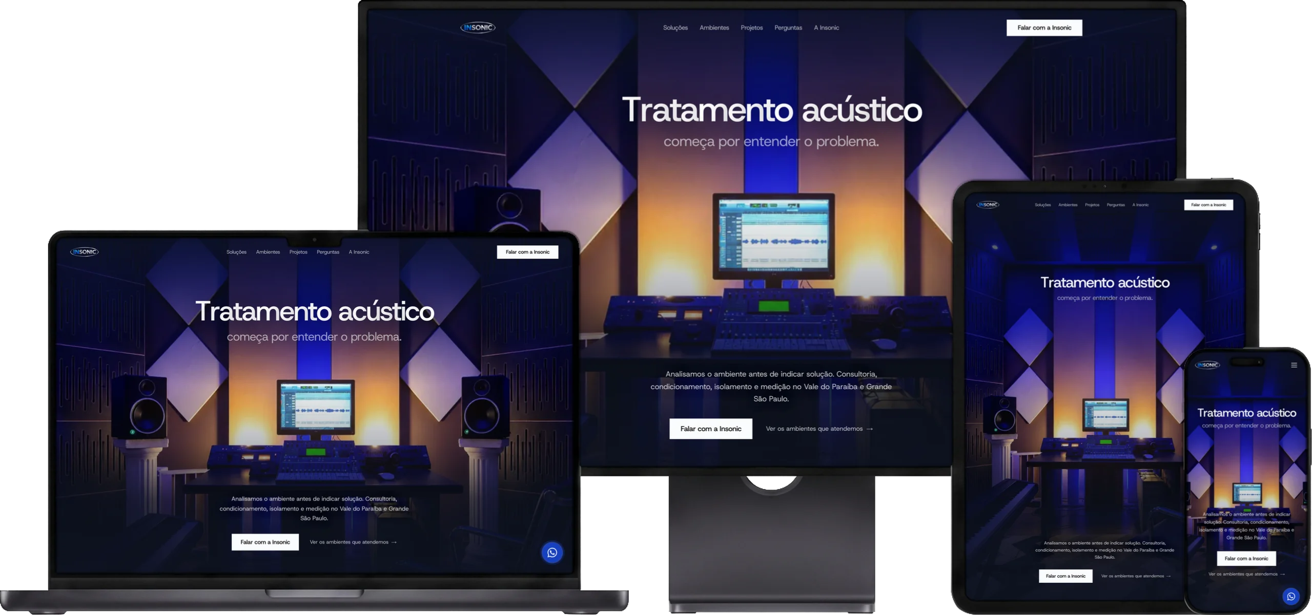 O site da Insonic Acústica aberto num monitor, num notebook, num tablet e num celular