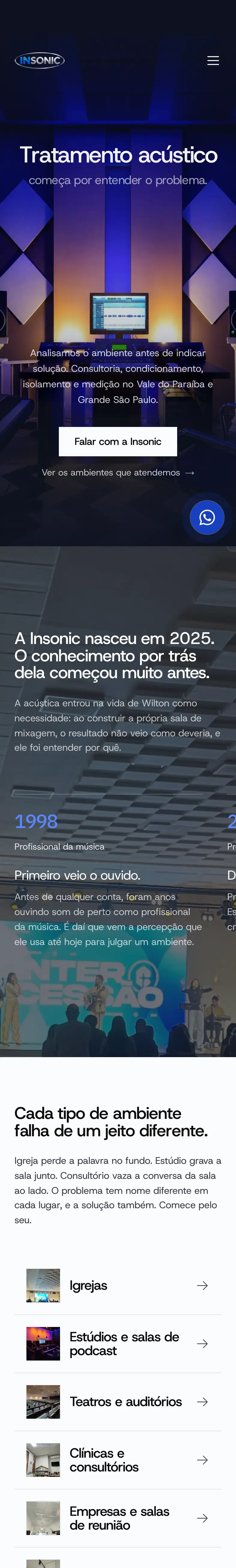 O site da Insonic Acústica no celular, do topo até o rodapé