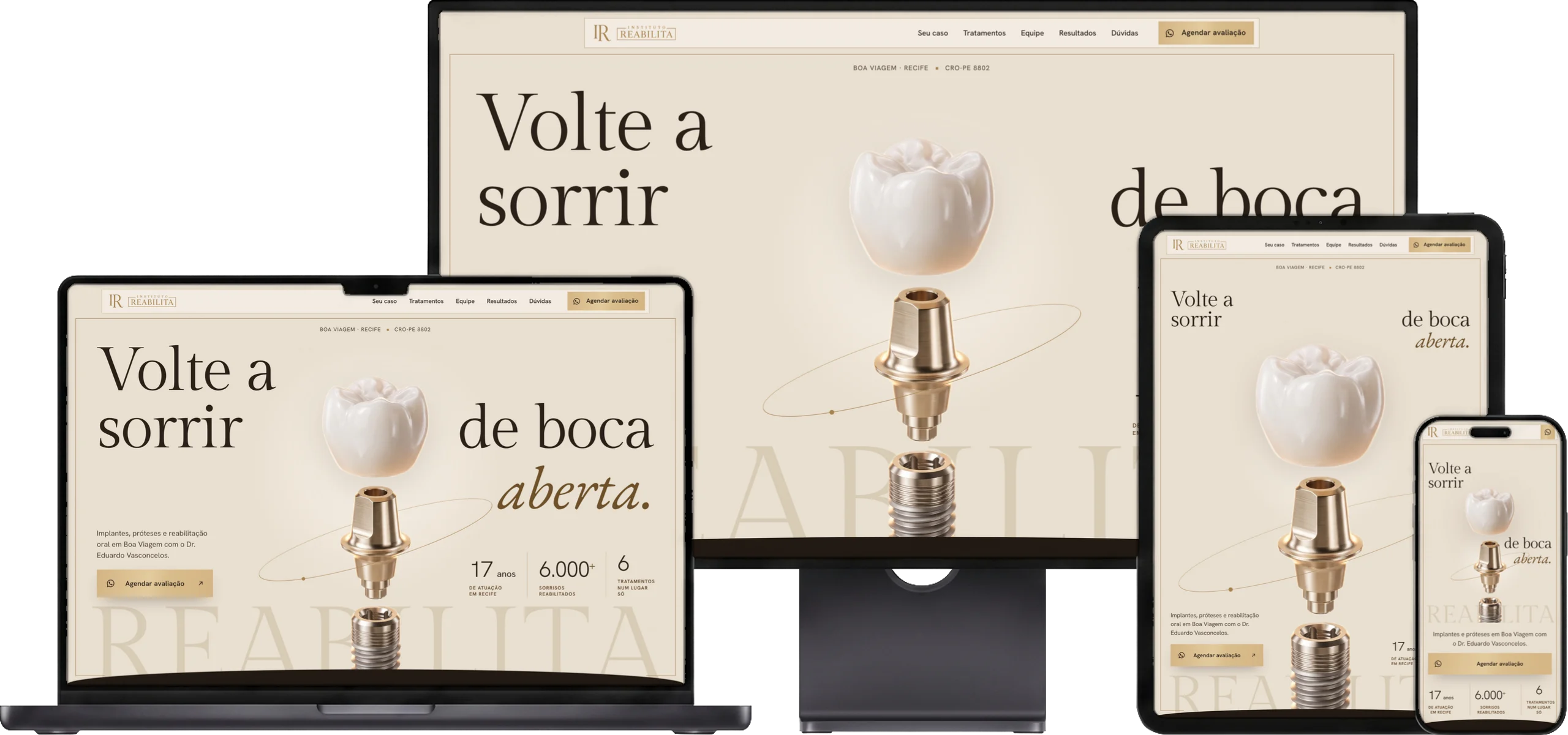 O site da Instituto Reabilita aberto num monitor, num notebook, num tablet e num celular