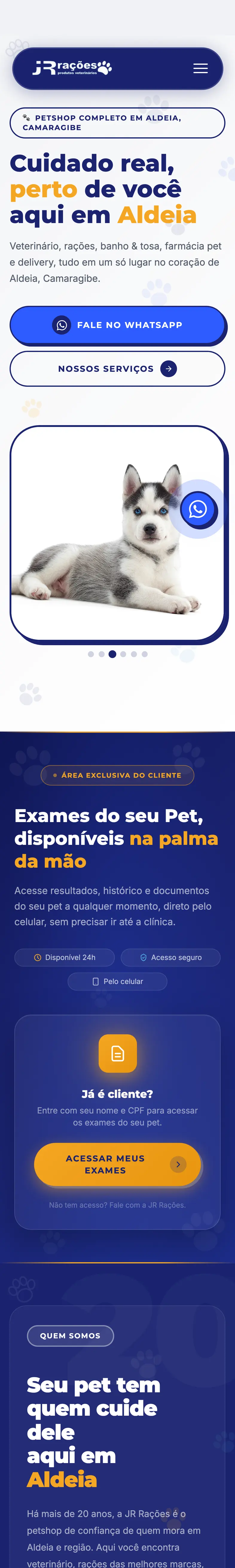 O site da JR Rações no celular, do topo até o rodapé
