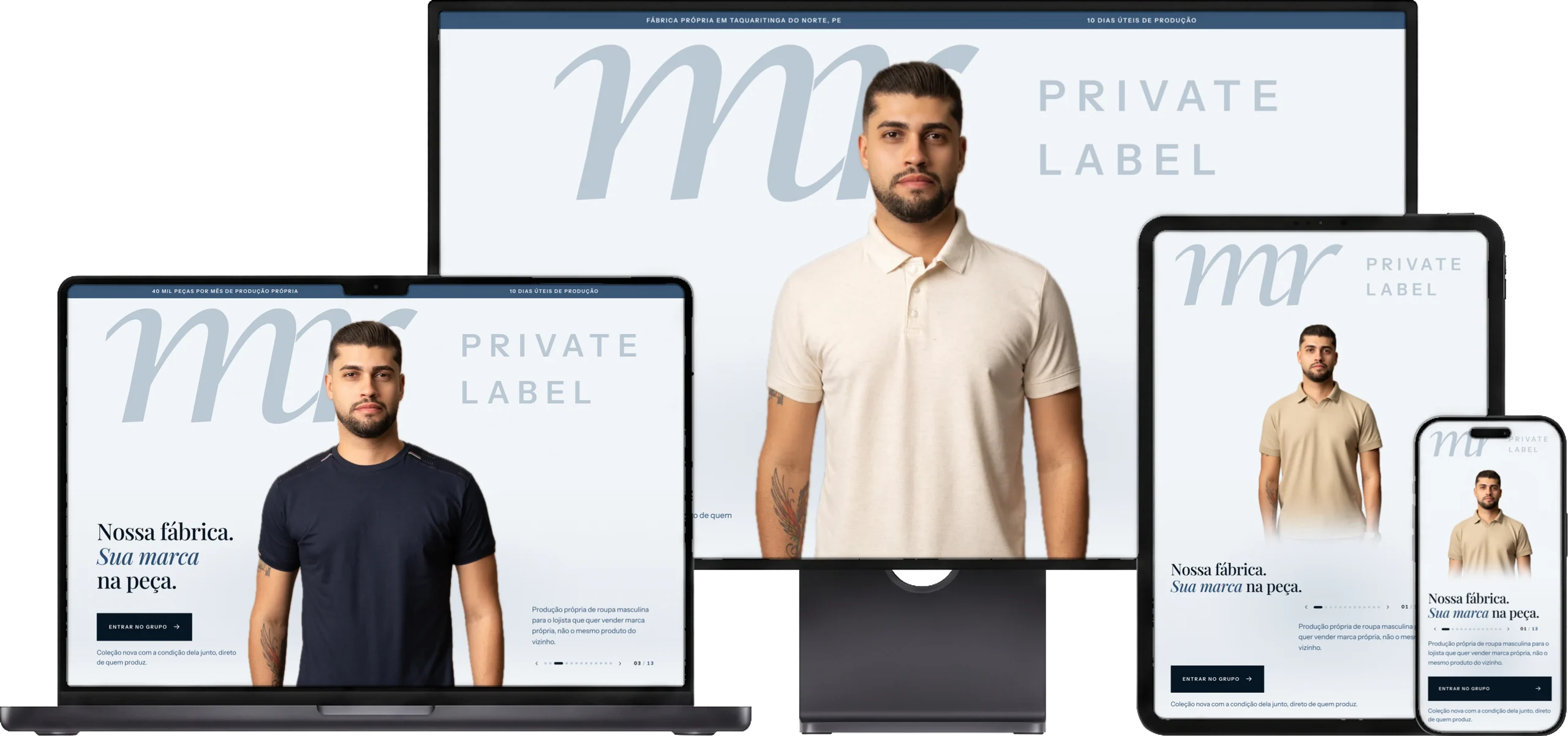 O site da MR Private Label aberto num monitor, num notebook, num tablet e num celular