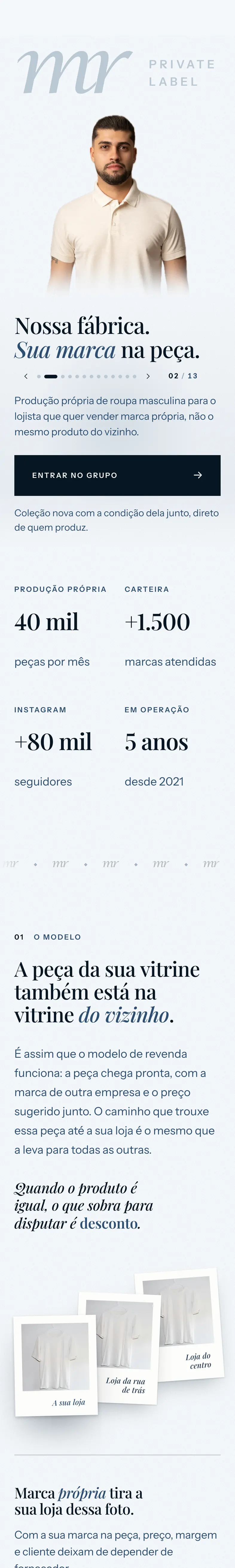 O site da MR Private Label no celular, do topo até o rodapé