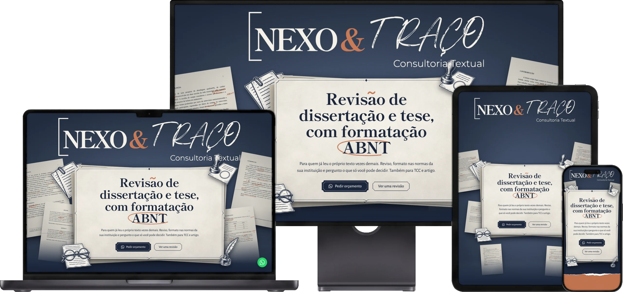 O site da Nexo & Traço aberto num monitor, num notebook, num tablet e num celular