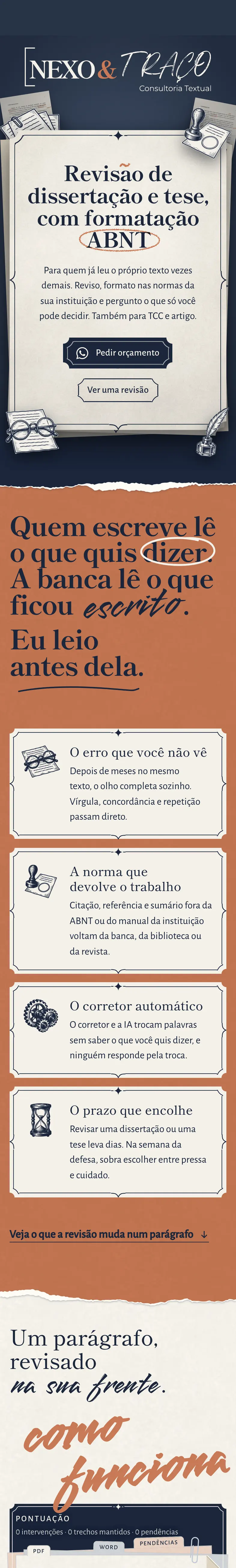 O site da Nexo & Traço no celular, do topo até o rodapé