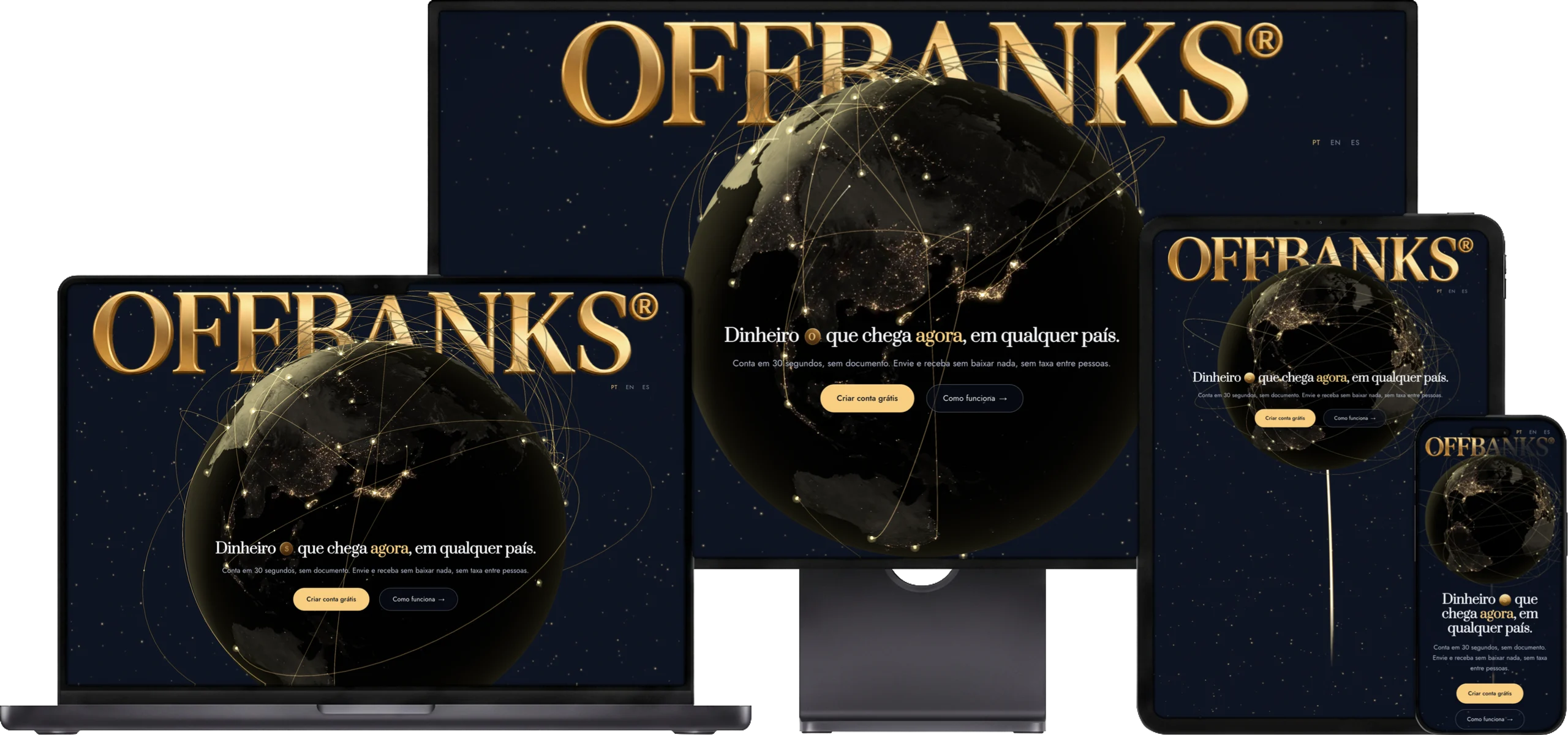O site da OffBanks aberto num monitor, num notebook, num tablet e num celular
