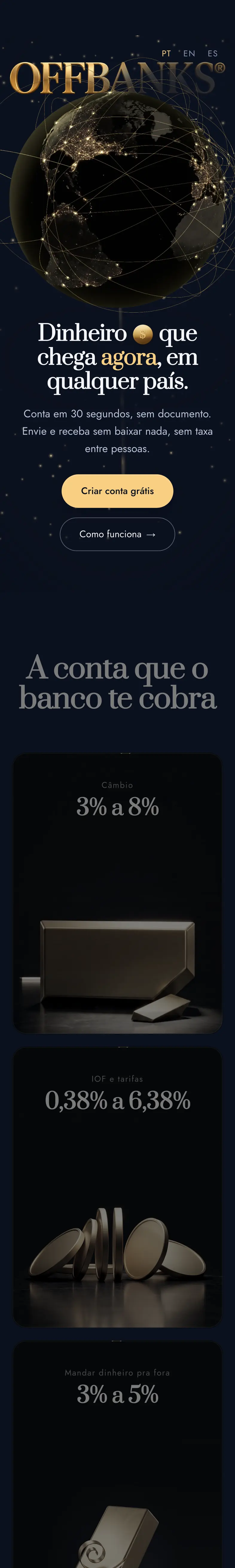 O site da OffBanks no celular, do topo até o rodapé