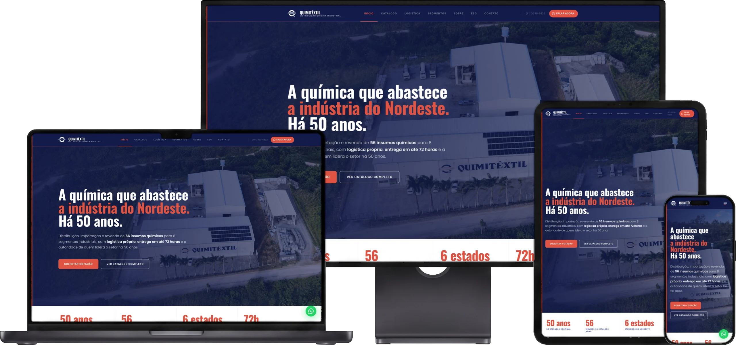 O site da Quimitêxtil aberto num monitor, num notebook, num tablet e num celular