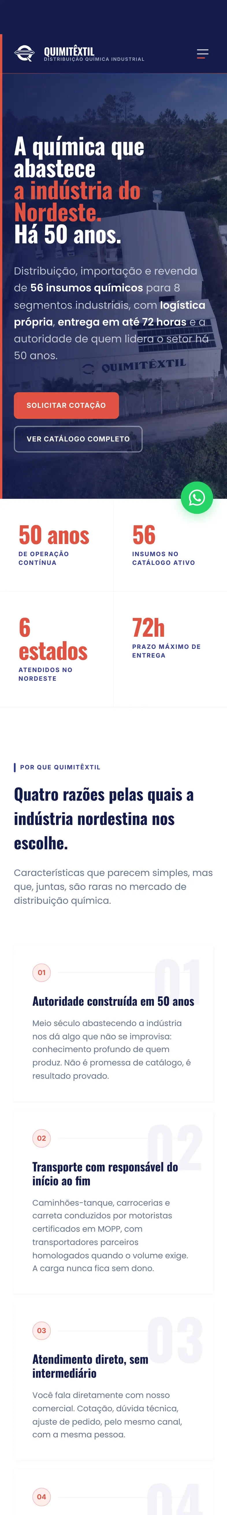 O site da Quimitêxtil no celular, do topo até o rodapé