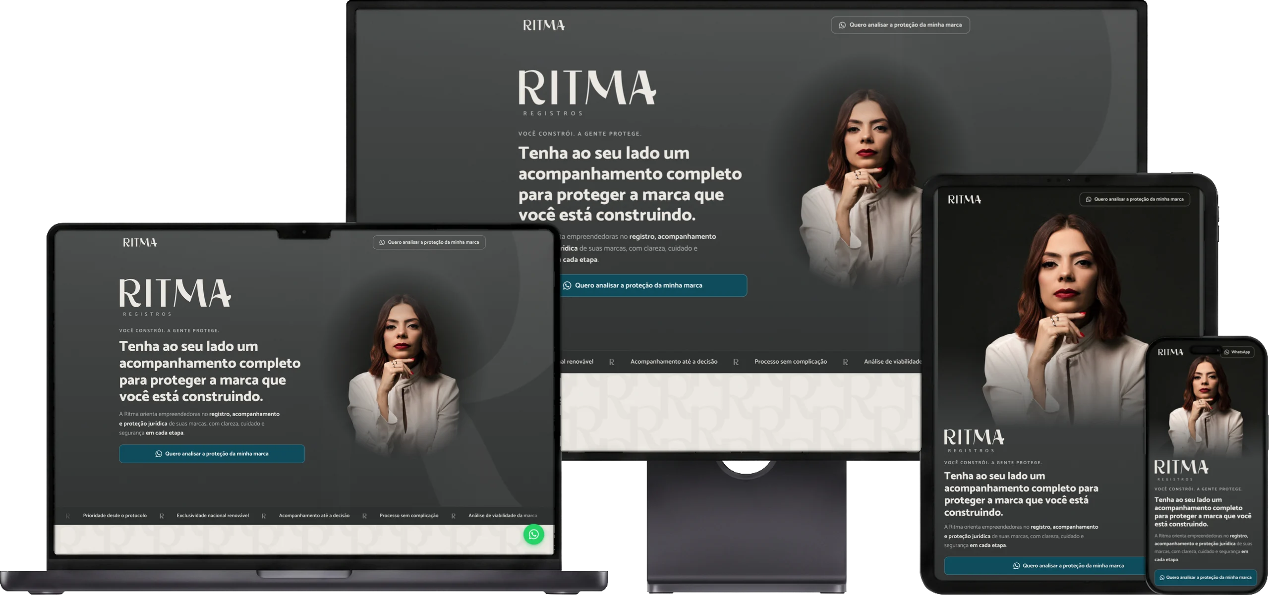 O site da Ritma Registros aberto num monitor, num notebook, num tablet e num celular