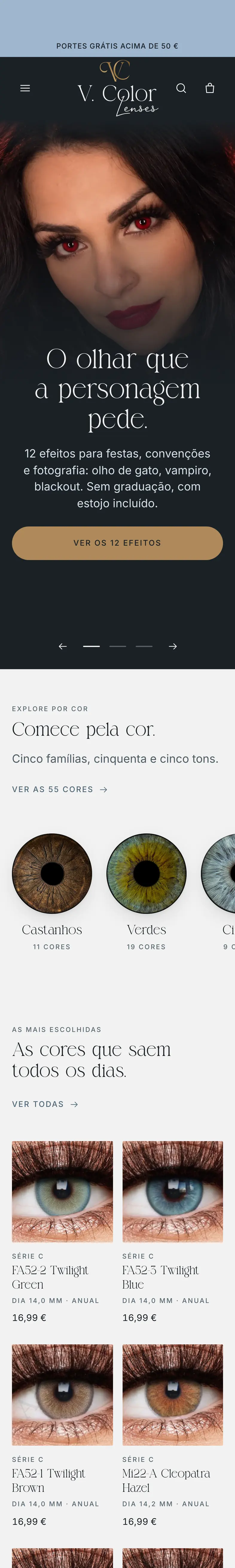 O site da V. Color Lenses no celular, do topo até o rodapé