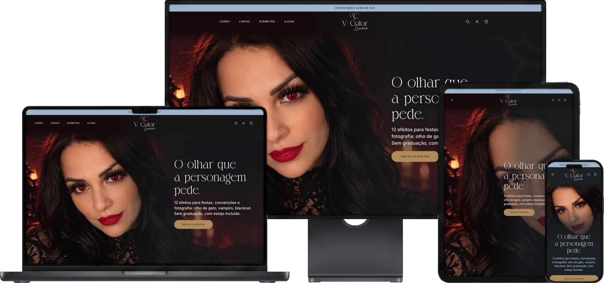 O site da V. Color Lenses aberto num monitor, num notebook, num tablet e num celular