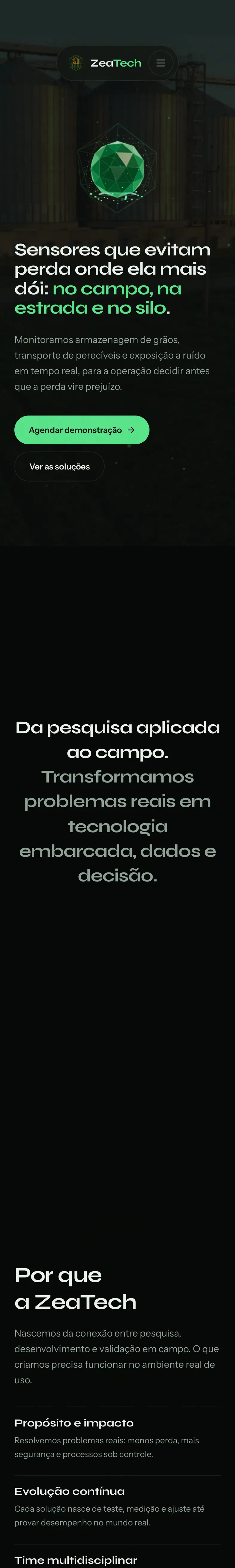 O site da ZeaTech no celular, do topo até o rodapé