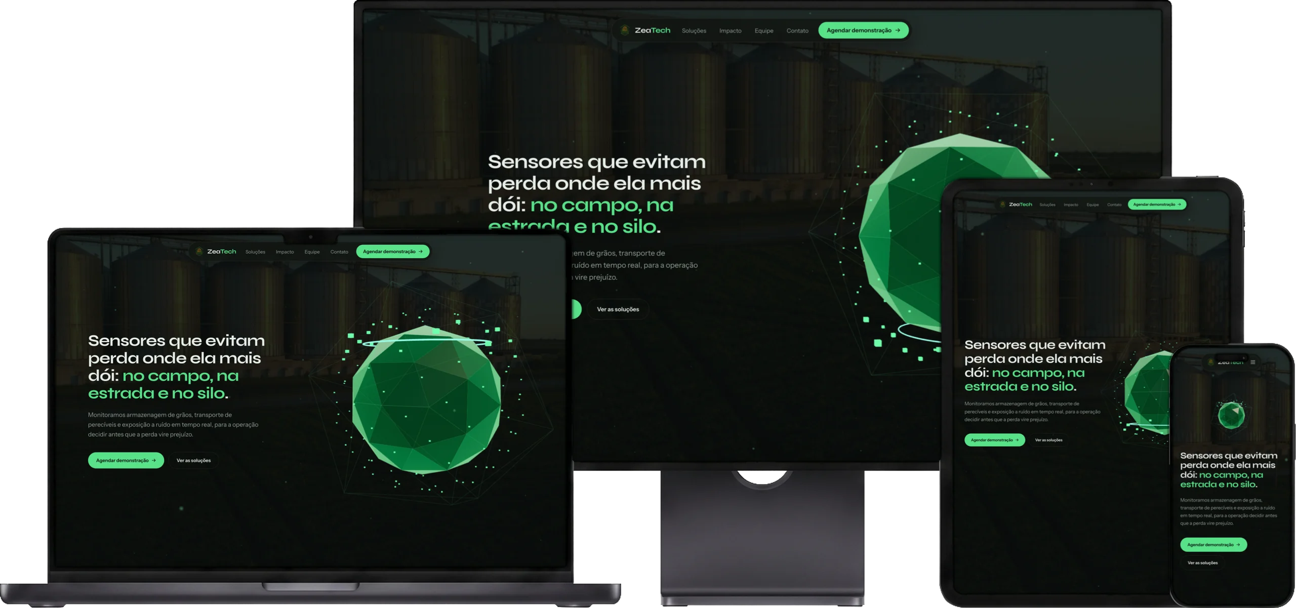 O site da ZeaTech aberto num monitor, num notebook, num tablet e num celular